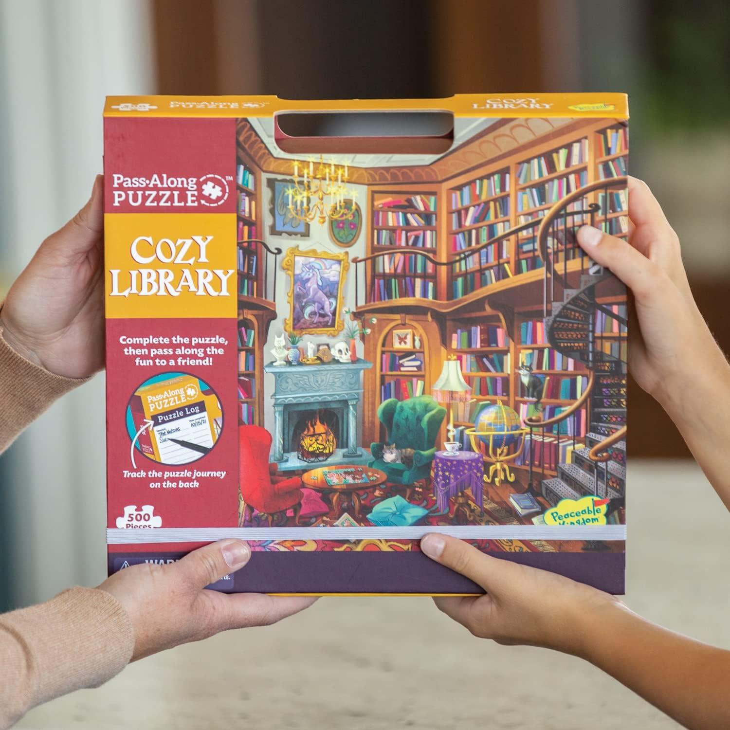 imagePeaceable Kingdom Cozy Library Pass Along Puzzle 500Piece with Shiny Foil Accents amp EaselStyle Storage Box Log Your Time Then Pass This Puzzle Along to Friends for Kids Ages 8 amp Up