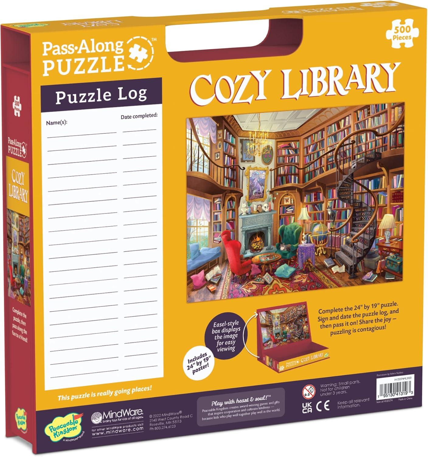 imagePeaceable Kingdom Cozy Library Pass Along Puzzle 500Piece with Shiny Foil Accents amp EaselStyle Storage Box Log Your Time Then Pass This Puzzle Along to Friends for Kids Ages 8 amp Up