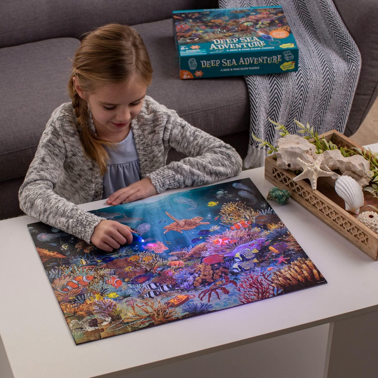 imagePeaceable Kingdom Deep Sea Adventure Puzzle 100Pc Seek amp Find Glow Puzzle for Kids Ages 6 amp Up Included Blacklight Reveals Hidden Items Great Family Puzzles