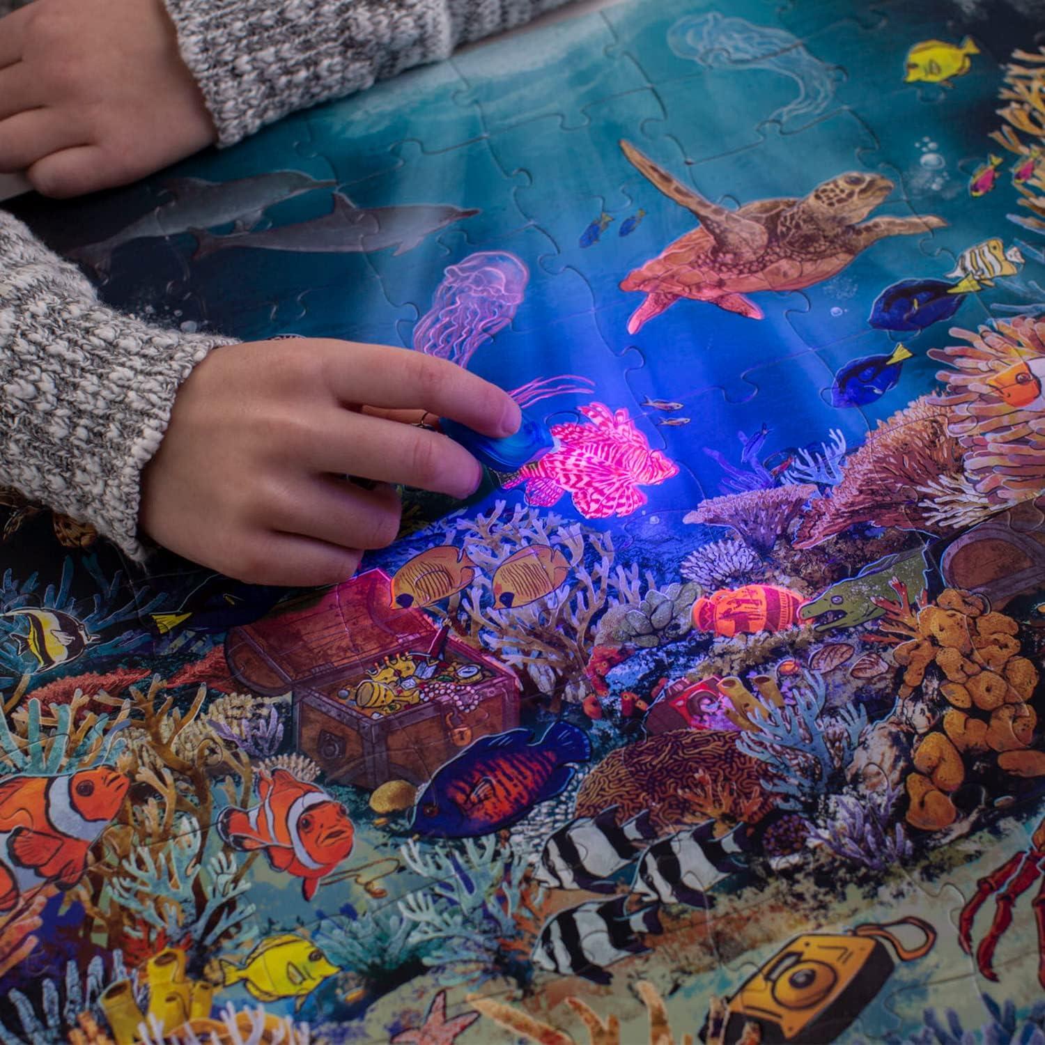 imagePeaceable Kingdom Deep Sea Adventure Puzzle 100Pc Seek amp Find Glow Puzzle for Kids Ages 6 amp Up Included Blacklight Reveals Hidden Items Great Family Puzzles