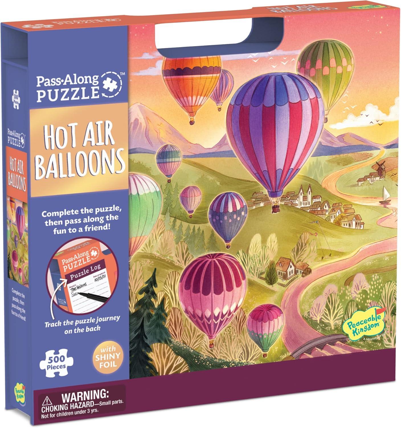 imagePeaceable Kingdom Hot Air Balloons Pass Along Puzzle 500 Piece with Shiny Foil Accents amp EaselStyle Storage Box Log Your Time Then Pass This Puzzle Along to Friends for Kids Ages 8 amp Up