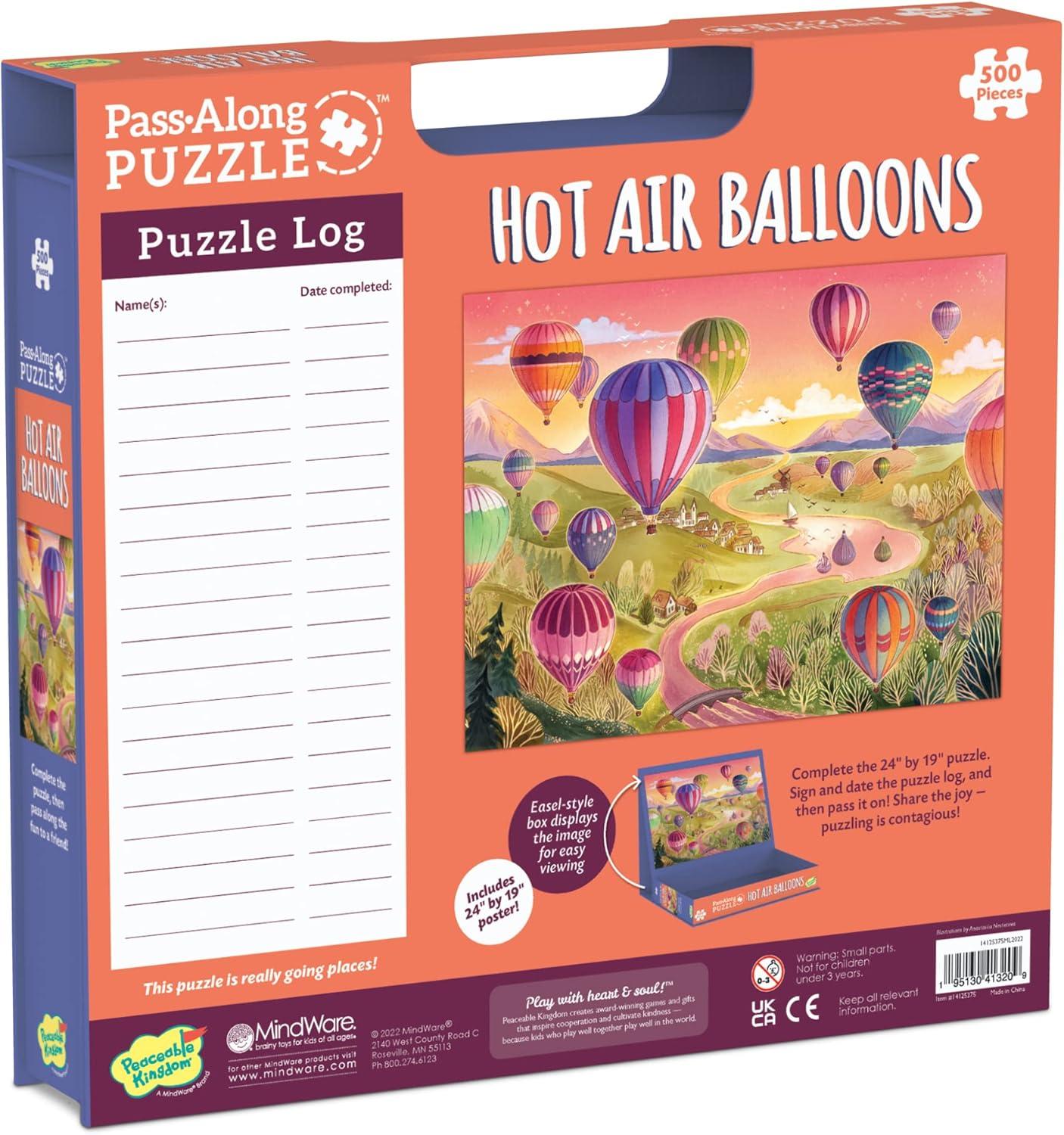 imagePeaceable Kingdom Hot Air Balloons Pass Along Puzzle 500 Piece with Shiny Foil Accents amp EaselStyle Storage Box Log Your Time Then Pass This Puzzle Along to Friends for Kids Ages 8 amp Up
