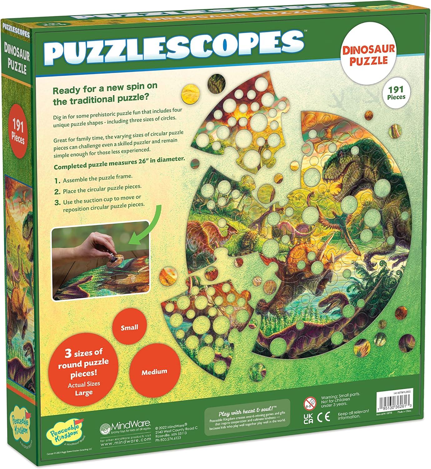 imagePeaceable Kingdom Puzzlescopes Dinosaur Puzzle 191Pc Puzzle for Kids Ages 6 amp Up Included Suction Cup to Spin and Position Circular Pieces Great for Home or Classrooms
