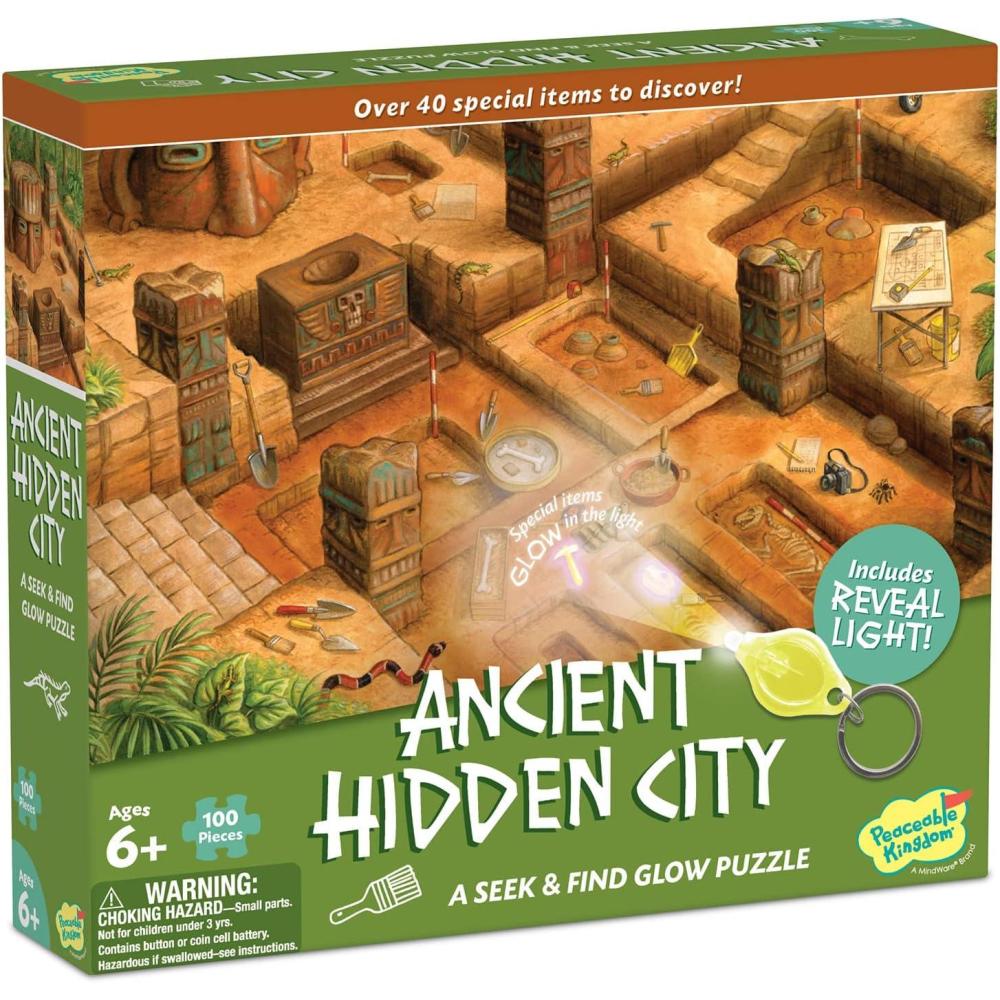 imagePeaceable Kingdom Ancient Hidden City Puzzle 100Pc Seek amp Find Glow Puzzle for Kids Ages 6 amp Up Included Blacklight Reveals Hidden Items Great for Home or Classrooms