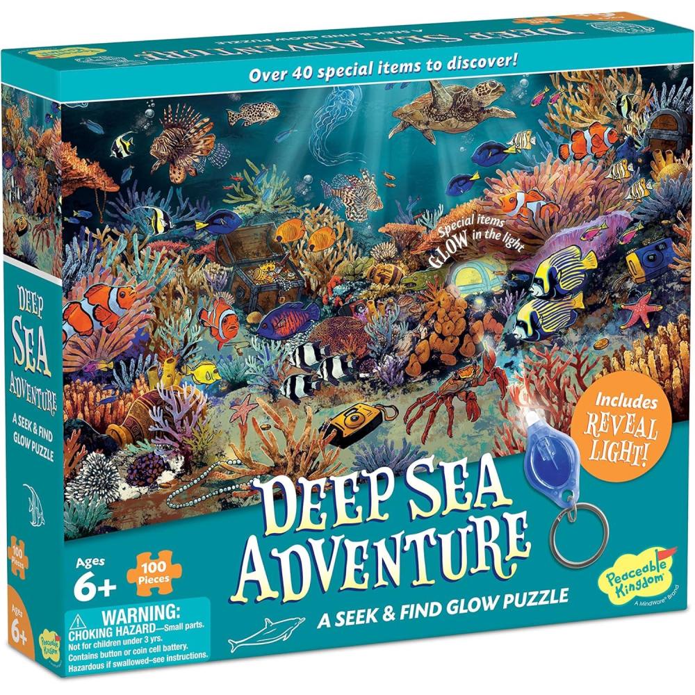 imagePeaceable Kingdom Deep Sea Adventure Puzzle 100Pc Seek amp Find Glow Puzzle for Kids Ages 6 amp Up Included Blacklight Reveals Hidden Items Great Family Puzzles