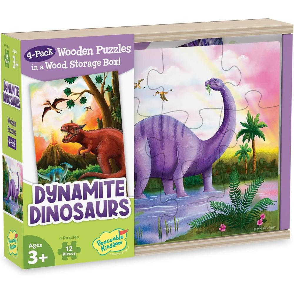 imagePeaceable Kingdom Dynamite Dinosaurs Wooden Jigsaw Set Four Design Collection with Storage Box Preschool Skill Building Activity Kids Age 3 Forty Eight Piece Dinosaur Scenes