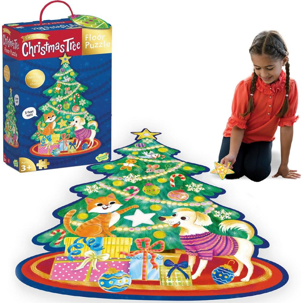 imagePeaceable Kingdom Shimmery Christmas Tree Floor Puzzle Giant Floor Puzzle for Kids Ages 3 amp up FunShaped Puzzle Pieces Great for Classrooms