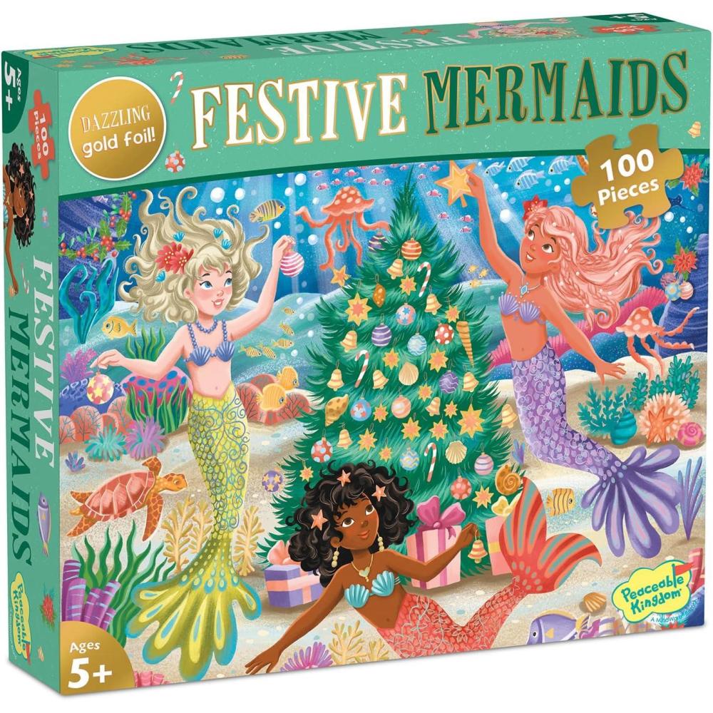 imagePeaceable Kingdom Shimmery Festive Mermaids Puzzle 100Piece for Kids Ages 5 amp Up Dazzling Gold Foil Pieces Great for Classrooms