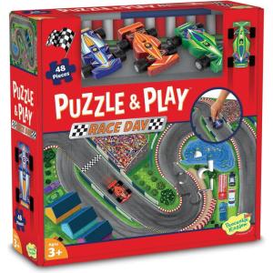 Peaceable Kingdom Puzzle & Play: Race Day – Floor Puzzle for Kids Ages 3 and Up – Includes 3 Wooden Vehicles to Zoom Around The Race Track Puzzle for a Double Dose of Fun – Measures 26” x 36”