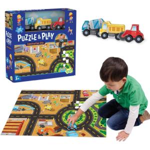 Peaceable Kingdom Puzzle and Play: Construction Site – 48-Piece Puzzle Includes 3 Wooden Construction Vehicles — Great for Home or Classroom Use — for Kids Ages 3 & Up