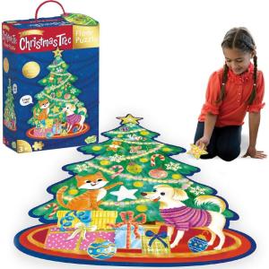 Peaceable Kingdom Shimmery Christmas Tree Floor Puzzle – Giant Floor Puzzle for Kids Ages 3 & up – Fun-Shaped Puzzle Pieces – Great for Classrooms