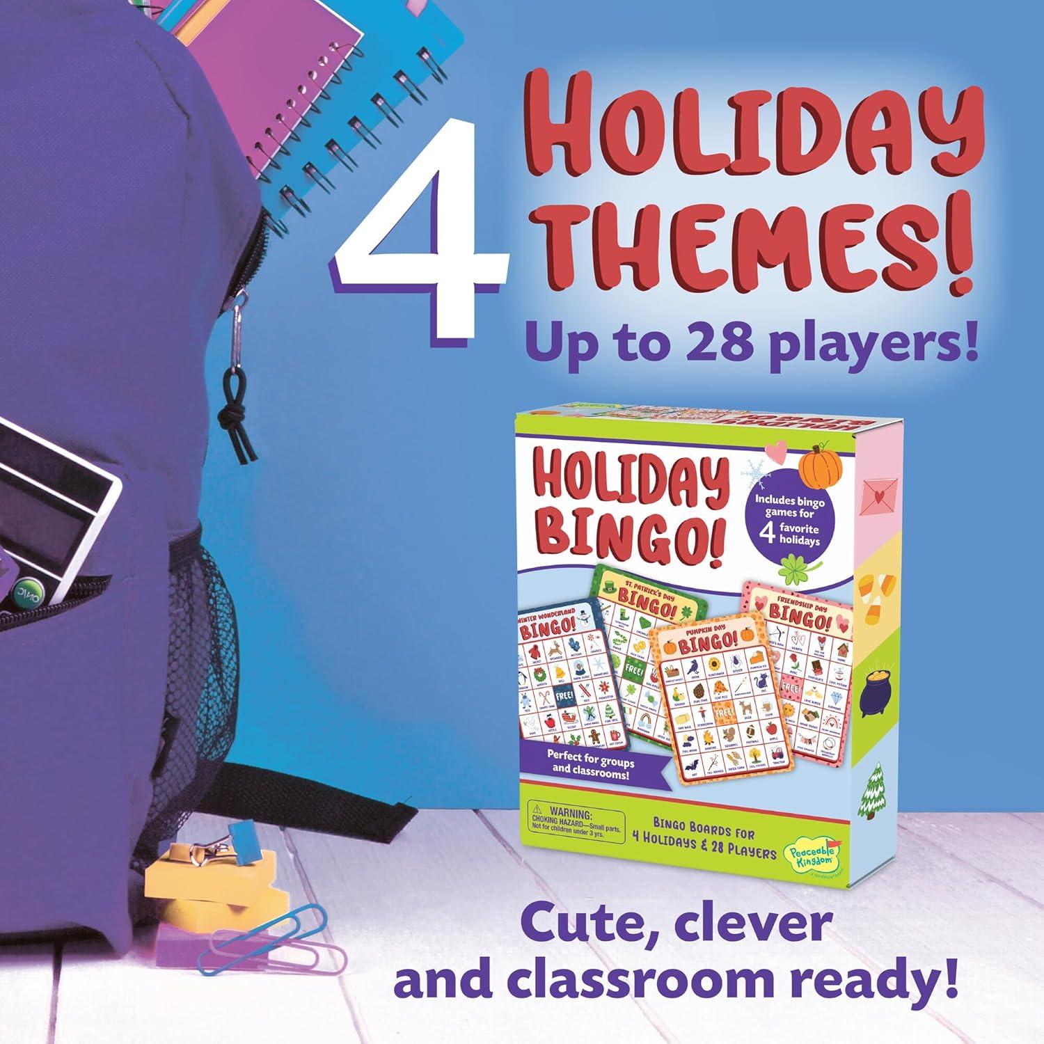 imagePeaceable Kingdom Holiday Bingo 4 Holiday Themes Up to 28 Players Valentines Day St Patricks Day Halloween amp Christmas Complete Bingo Set with Boards Chips amp Tokens