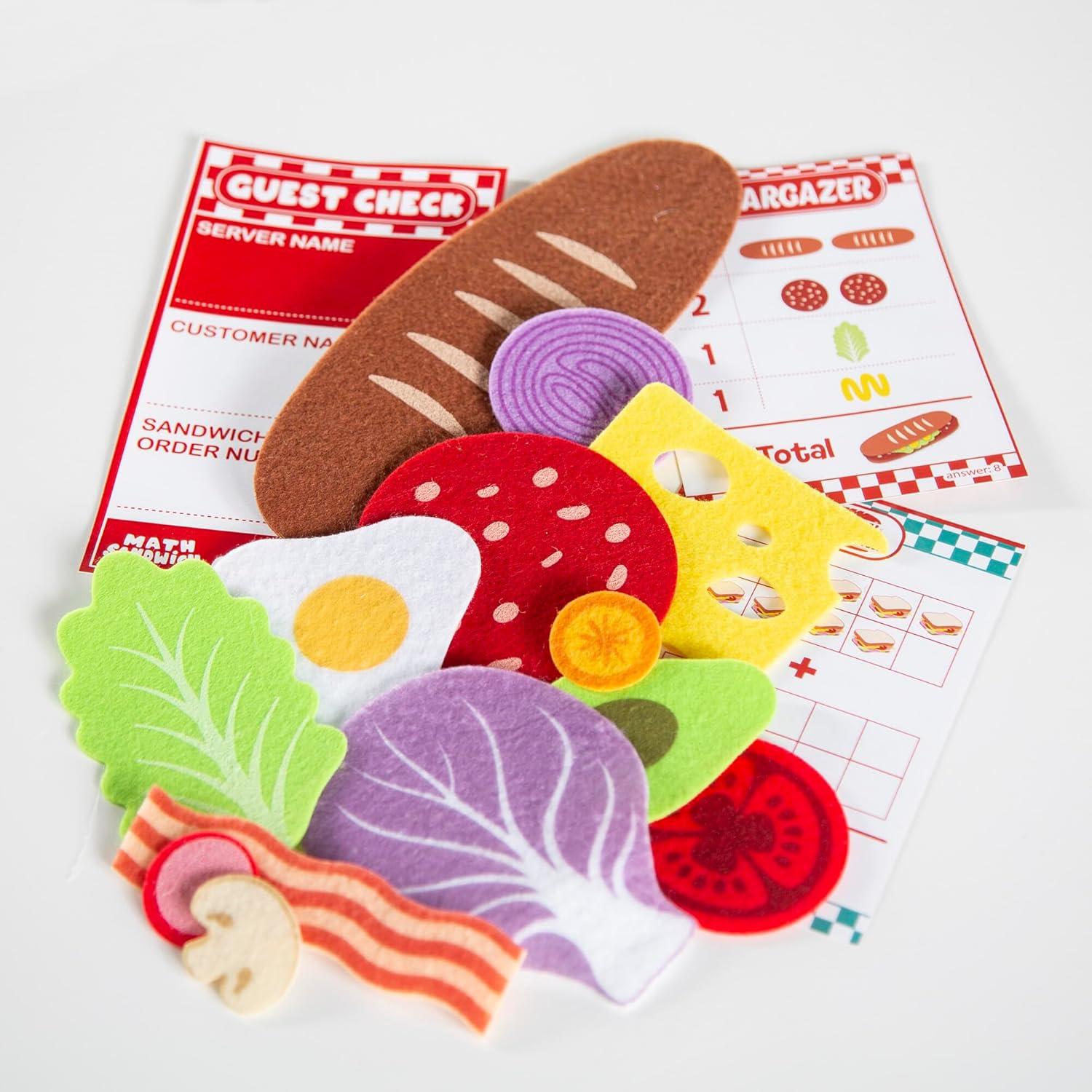 imagePeaceable Kingdom Math Sandwich Game Preschool Math Games for Kids Ages 3 and Up Includes 100 Felt Food Pieces 10 Menu Cards Dry Erase Marker amp Guest Check Tablet for Pretend Restaurant Play