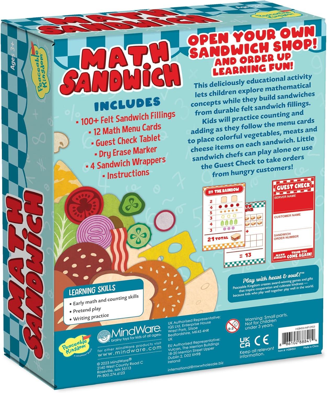 imagePeaceable Kingdom Math Sandwich Game Preschool Math Games for Kids Ages 3 and Up Includes 100 Felt Food Pieces 10 Menu Cards Dry Erase Marker amp Guest Check Tablet for Pretend Restaurant Play