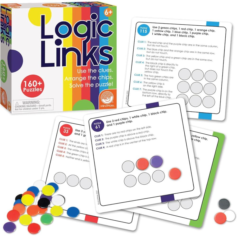 imageMindWare Logic Links Puzzle Games Brain Teaser Puzzles for Kids and Brain Games for Adults 166 Challenging Brain Puzzles 32 Game Chips Ages 6