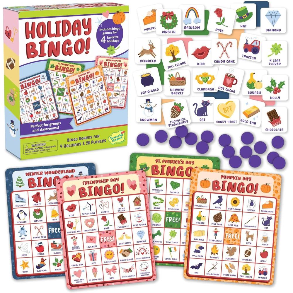 imagePeaceable Kingdom Holiday Bingo 4 Holiday Themes Up to 28 Players Valentines Day St Patricks Day Halloween amp Christmas Complete Bingo Set with Boards Chips amp Tokens