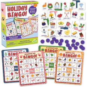 Peaceable Kingdom Holiday Bingo – 4 Holiday Themes, Up to 28 Players – Valentines Day, St Patricks Day, Halloween, & Christmas – Complete Bingo Set with Boards, Chips & Tokens