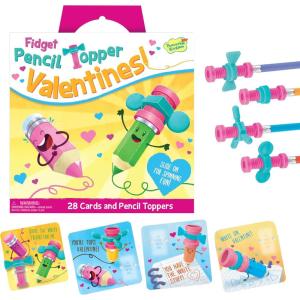 Peaceable Kingdom Valentines Cards for Kids Classroom, Set of 28 Valentines Day Gifts, Mini Popper Heart Pop It Fidget Toys, Classroom Exchange Set, Unique Fun Gifts for Kids, Ages 4+(Fidget Spinner Pencil Toppers)