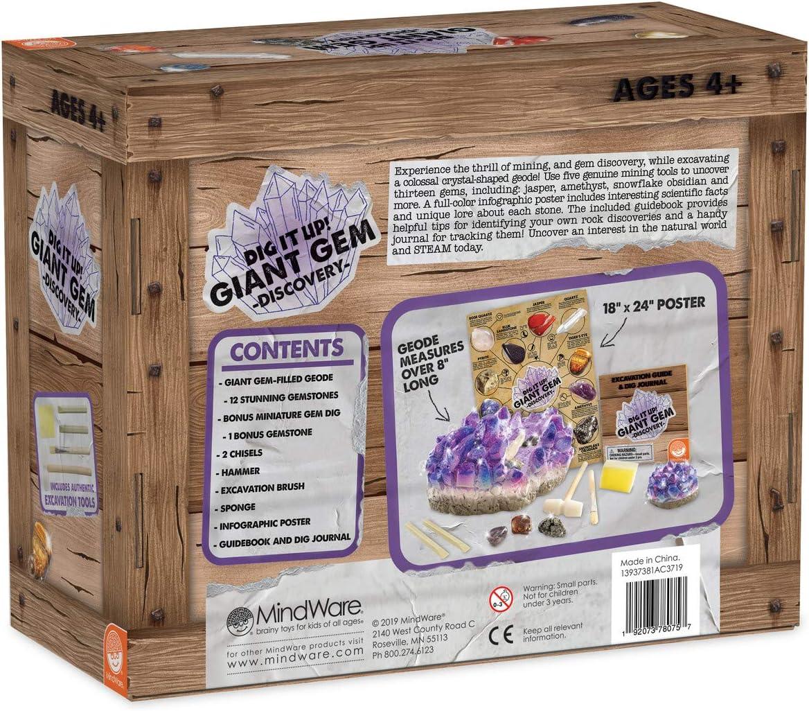 imageMindWare Dig It Up Giant Gem Discovery Kit Gemstone Dig Kit Offers Geology for Kids with 12 Real Polished Hidden Gemstones Includes 1 Giant Gem Chiseling Tools Gemstone Poster Ages 4
