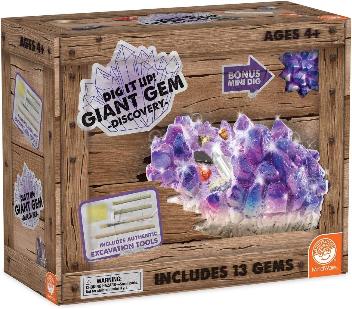 imageMindWare Dig It Up Giant Gem Discovery Kit Gemstone Dig Kit Offers Geology for Kids with 12 Real Polished Hidden Gemstones Includes 1 Giant Gem Chiseling Tools Gemstone Poster Ages 4