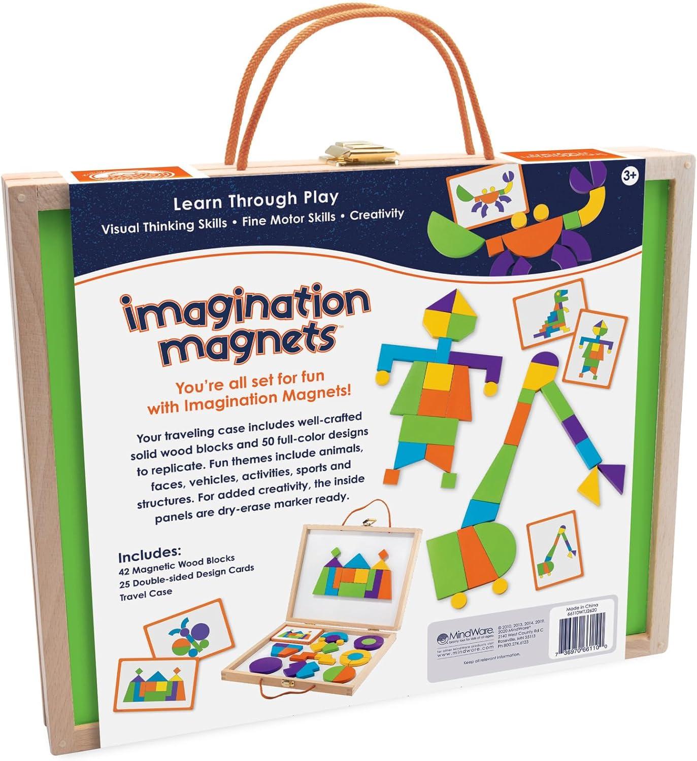 imageMindWare Imagination Magnets Wooden Pattern Blocks Set Imaginative Play with magentic Shapes in a Carrying case 42 Magnetic Solid Wooden Blocks 50 FullColor Laminated Puzzles