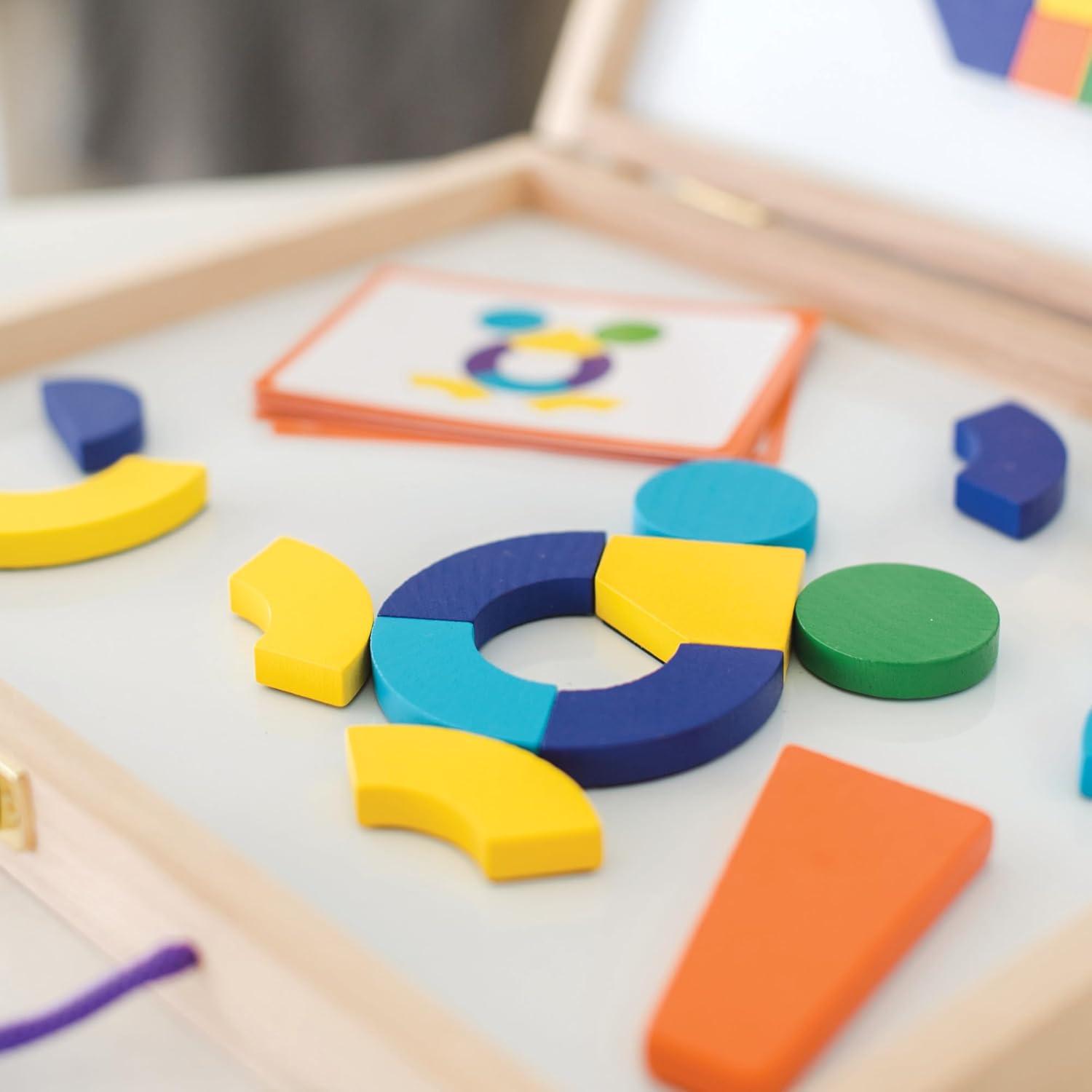 imageMindWare Imagination Magnets Wooden Pattern Blocks Set Imaginative Play with magentic Shapes in a Carrying case 42 Magnetic Solid Wooden Blocks 50 FullColor Laminated Puzzles