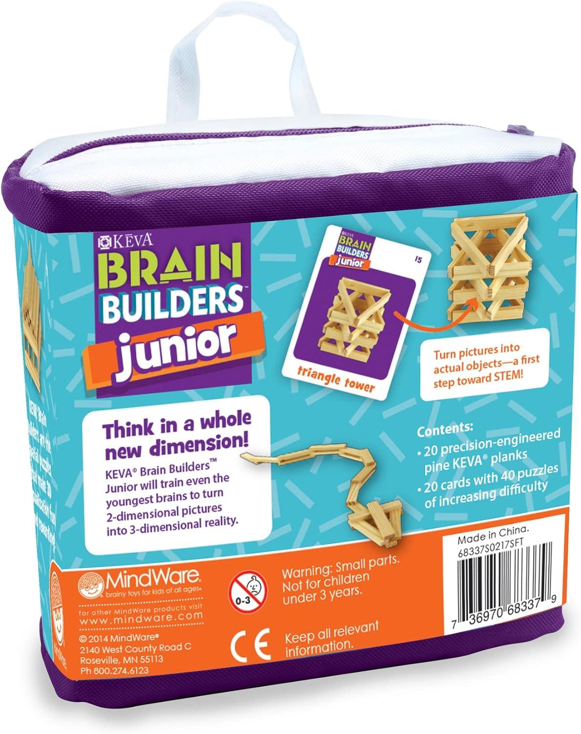 imageMindWare KEVA Junior Brain Builders Playset 3D Puzzle Travel Game 40 Wooden Building Block Challenges