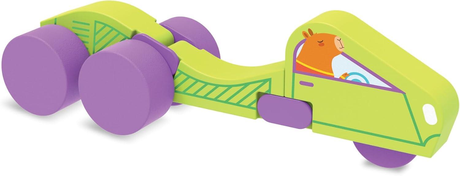 imageMindWare Konvertibles Transforming Wooden Trucks 2Piece FlipampChange Vehicle Set with CarryAlong Box That Becomes 3D Road Scene Toddler Toy for Ages18Months