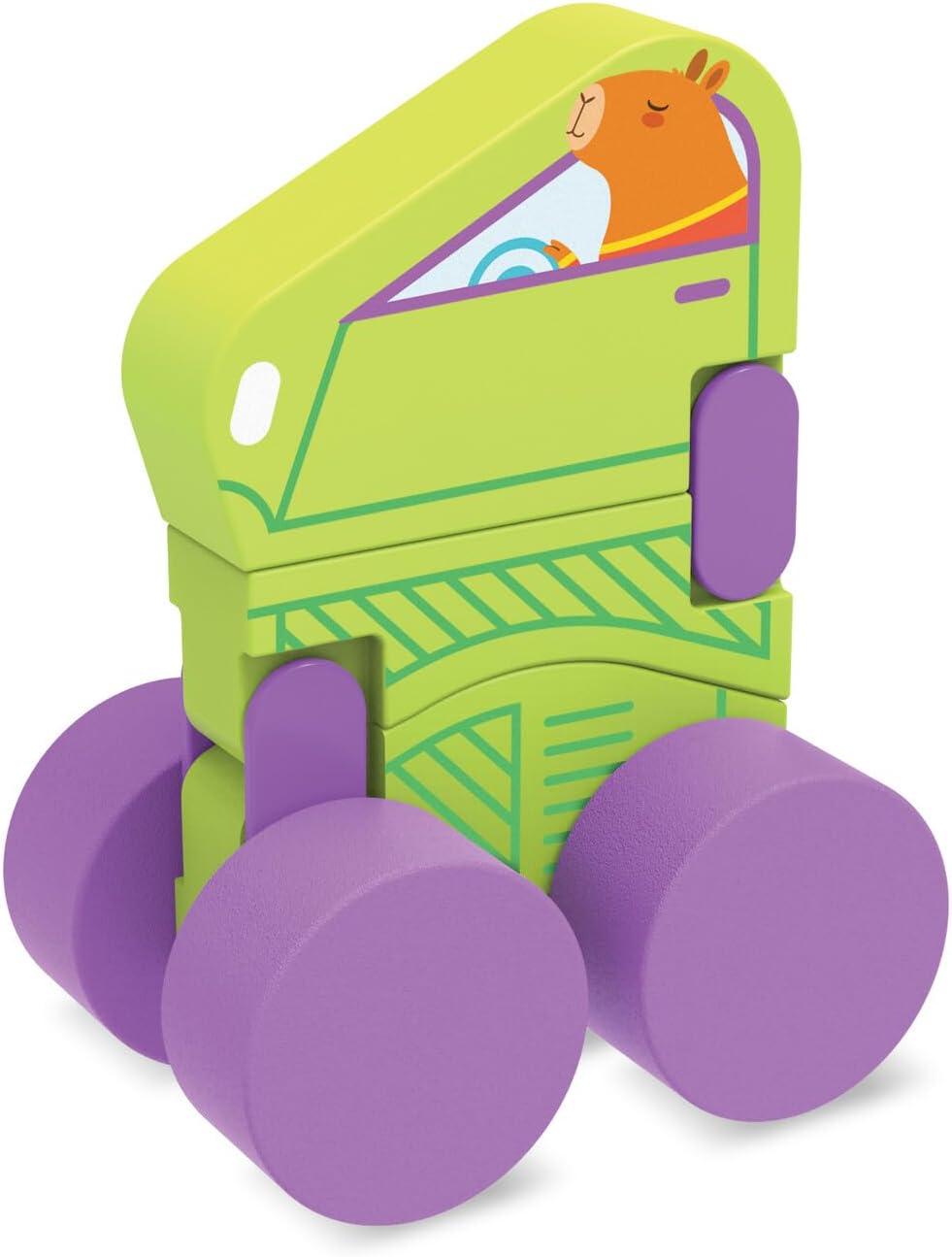imageMindWare Konvertibles Transforming Wooden Trucks 2Piece FlipampChange Vehicle Set with CarryAlong Box That Becomes 3D Road Scene Toddler Toy for Ages18Months