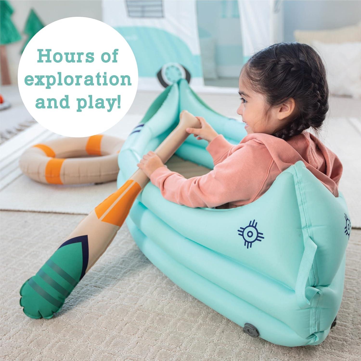 imageMindWare Oh So Fun Canoe Playset Inflatable Pretend Camping Toy with Paddle Life Preserver and Pump Imaginative Indoor Role Play for Kids Ages 3 Preschool Learning Toy