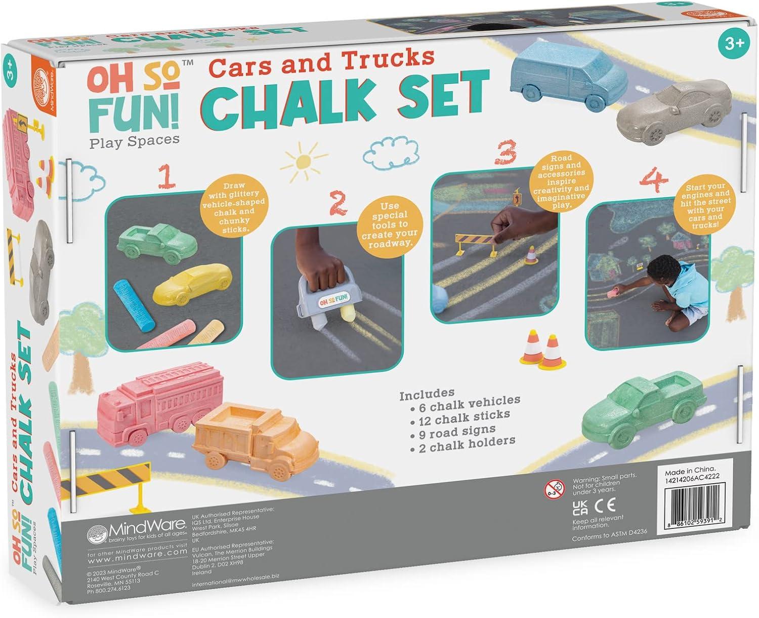 imageMindWare Oh So Fun Cars and Trucks Sidewalk Chalk Set Vehicle Shaped Chalk with Road Signs and Holders for Outdoor Creative Play 29 Piece Chalk Activity Set for Kids Ages 3 Gift for Toddlers