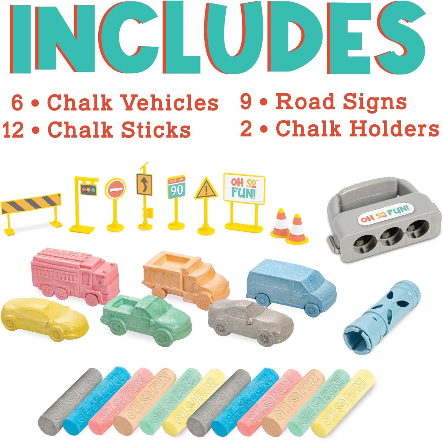 imageMindWare Oh So Fun Cars and Trucks Sidewalk Chalk Set Vehicle Shaped Chalk with Road Signs and Holders for Outdoor Creative Play 29 Piece Chalk Activity Set for Kids Ages 3 Gift for Toddlers
