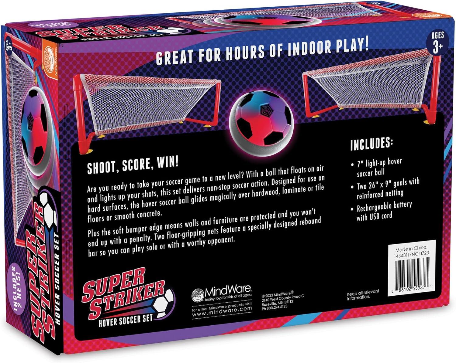 imageMindWare Super Striker Hover Soccer Ball Set Indoor Soccer for Kids Ages 3 and Up Flashing LED Lights USB Charger Includes 2 Sturdy Nets for 1 or 2Player Indoor Games for Kids 812