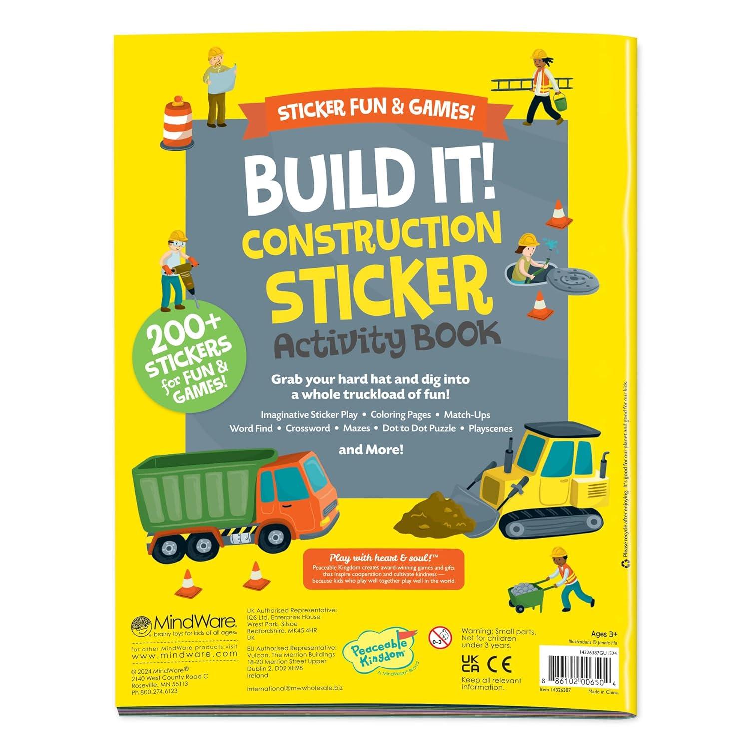imagePeaceable Kingdom Build It Construction Sticker Activity Book Reusable Sticker Play Set with 200 ConstructionThemed Stickers Ages 3