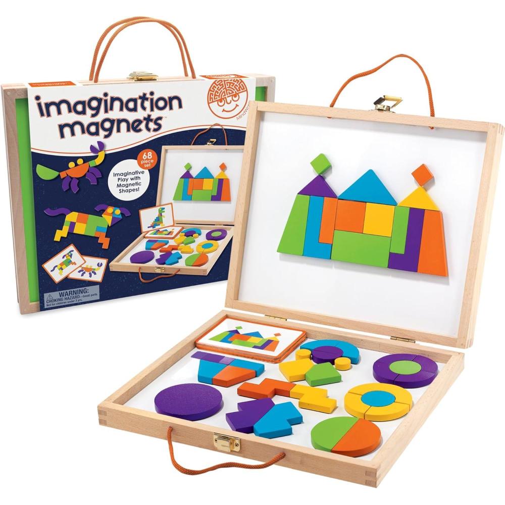 imageMindWare Imagination Magnets Wooden Pattern Blocks Set Imaginative Play with magentic Shapes in a Carrying case 42 Magnetic Solid Wooden Blocks 50 FullColor Laminated Puzzles