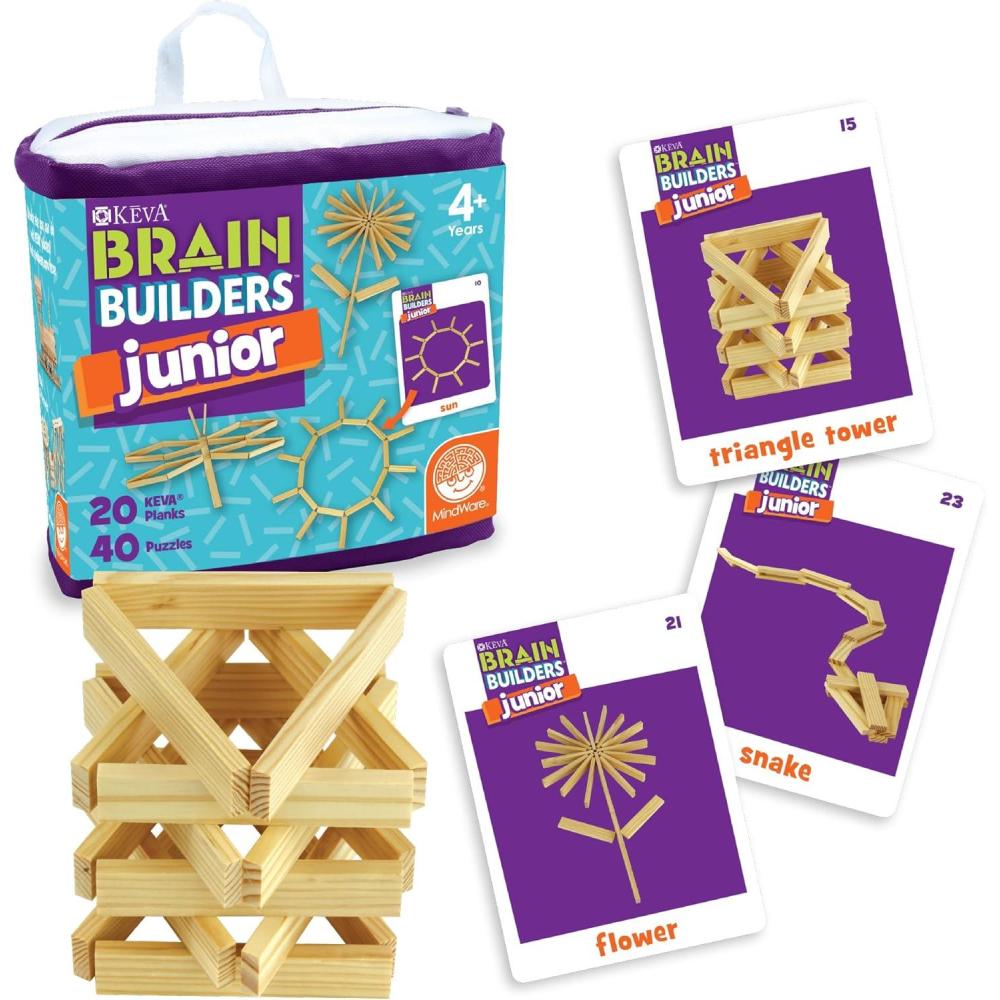 imageMindWare KEVA Junior Brain Builders Playset 3D Puzzle Travel Game 40 Wooden Building Block Challenges