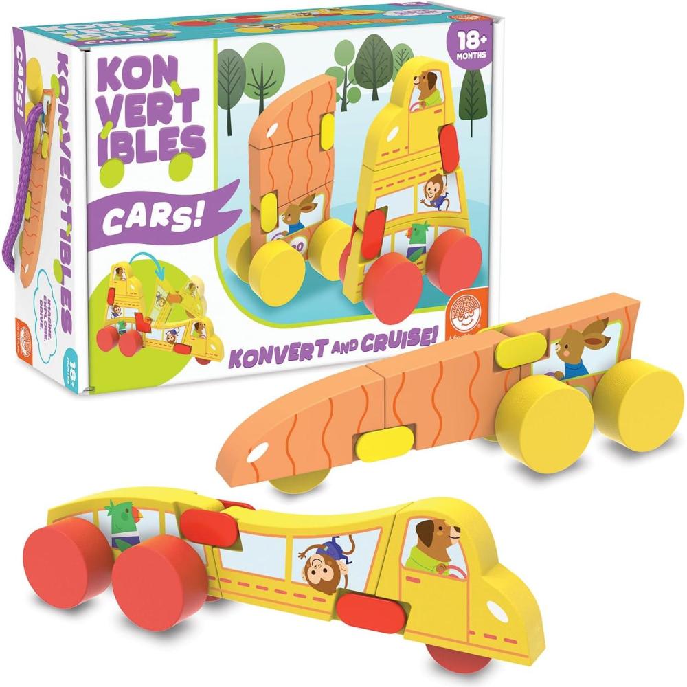 imageMindWare Konvertibles Transforming Wooden Cars 2Piece FlipampChange Vehicle Set with CarryAlong Box That Becomes 3D Road Scene Toddler Toy for Ages18Months