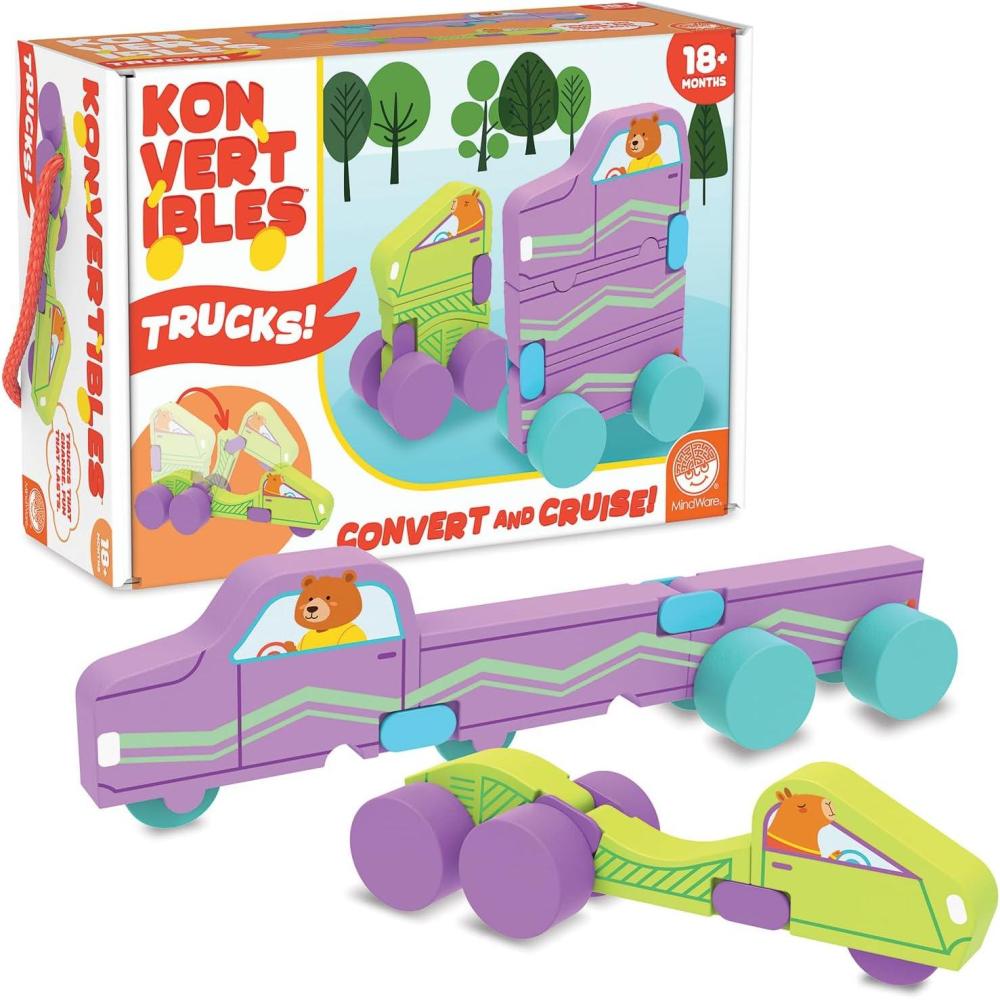imageMindWare Konvertibles Transforming Wooden Trucks 2Piece FlipampChange Vehicle Set with CarryAlong Box That Becomes 3D Road Scene Toddler Toy for Ages18Months