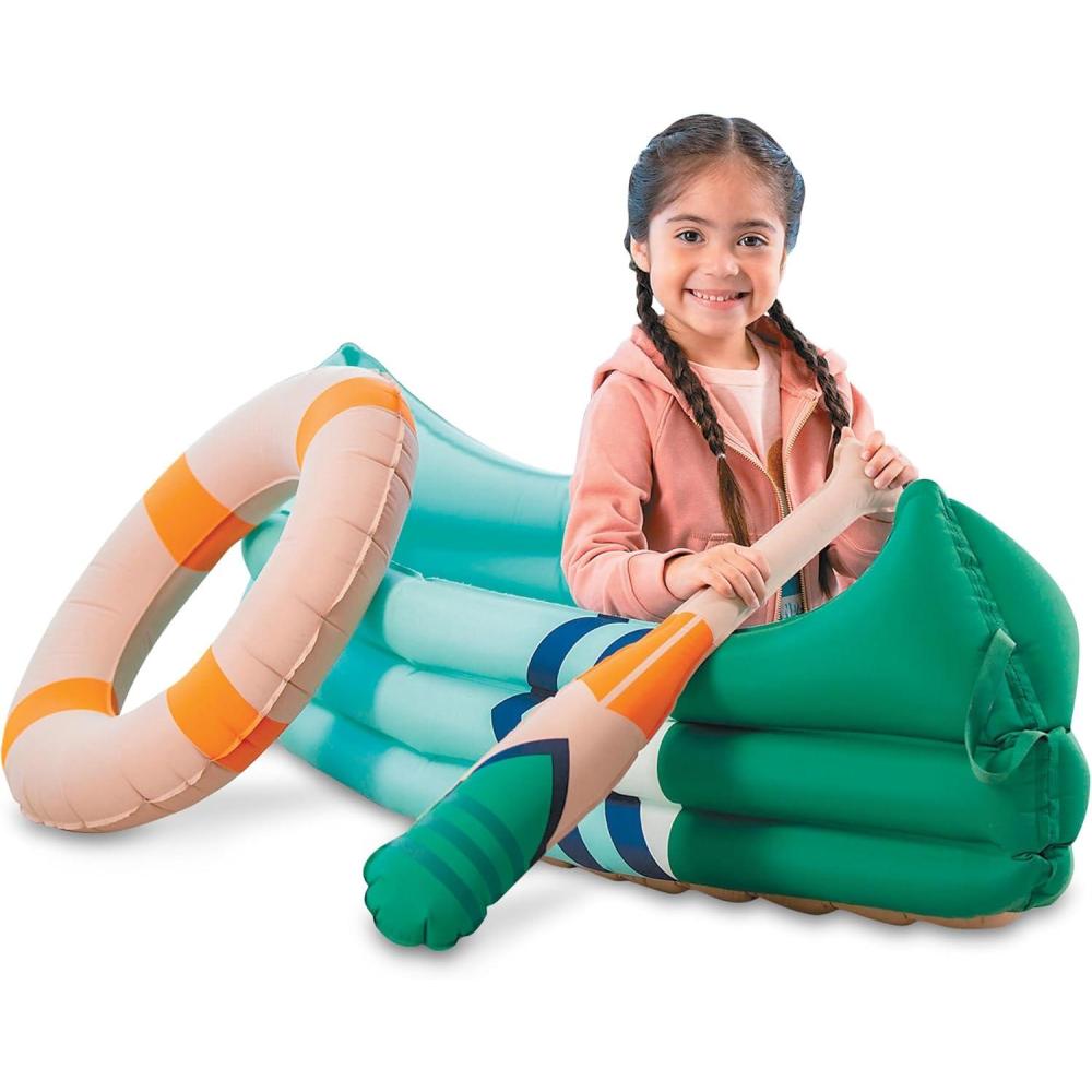 imageMindWare Oh So Fun Canoe Playset Inflatable Pretend Camping Toy with Paddle Life Preserver and Pump Imaginative Indoor Role Play for Kids Ages 3 Preschool Learning Toy