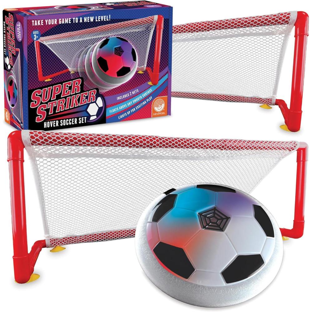 imageMindWare Super Striker Hover Soccer Ball Set Indoor Soccer for Kids Ages 3 and Up Flashing LED Lights USB Charger Includes 2 Sturdy Nets for 1 or 2Player Indoor Games for Kids 812