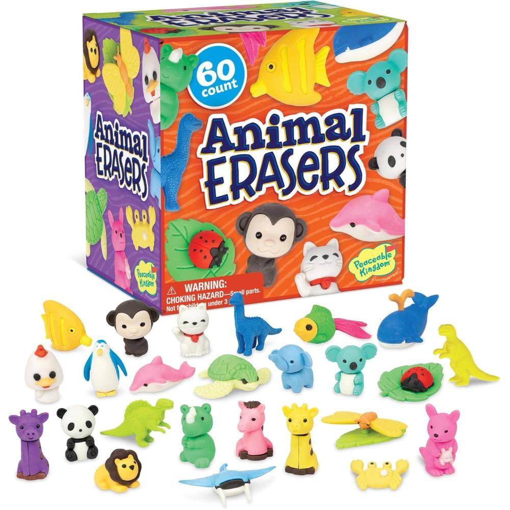 imagePeaceable Kingdom 60 Party Favors for Kids Fun Gift for Birthday Classroom Prizes Pinata and Goodie Bag Stuffers  Animal Erasers
