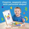 MindWare Imagination Magnets Wooden Pattern Blocks Set – Imaginative Play with magentic Shapes in a Carrying case – 42 Magnetic Solid Wooden Blocks, 50 Full-Color Laminated Puzzles