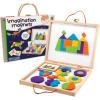 MindWare Imagination Magnets Wooden Pattern Blocks Set – Imaginative Play with magentic Shapes in a Carrying case – 42 Magnetic Solid Wooden Blocks, 50 Full-Color Laminated Puzzles