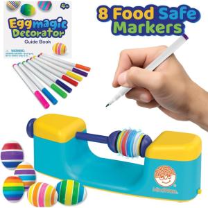 MindWare Eggmagic Decorator Easter Egg Coloring Kit, Automatic 360 Egg Spinner with Food Safe Markers for Creative Egg Decorating, Includes 8 Markers, Kids Ages 4+, Easter Gift for Kids