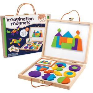 MindWare Imagination Magnets Wooden Pattern Blocks Set – Imaginative Play with magentic Shapes in a Carrying case – 42 Magnetic Solid Wooden Blocks, 50 Full-Color Laminated Puzzles