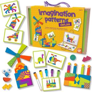 MindWare Imagination Patterns – Creative, Magnetic Play with Patterned Tangram Shapes – Includes 60 Magnetic Blocks, 60 Puzzle Cards, Dry Erase Markers & Wood Case – Deluxe