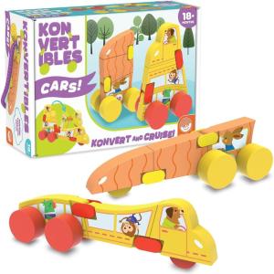 MindWare Konvertibles Transforming Wooden Cars – 2‑Piece Flip‑&‑Change Vehicle Set with Carry‑Along Box That Becomes 3‑D Road Scene, Toddler Toy for Ages 18 Months +