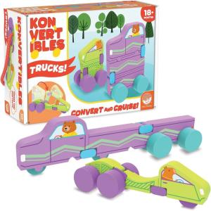 MindWare Konvertibles Transforming Wooden Trucks – 2‑Piece Flip‑&‑Change Vehicle Set with Carry‑Along Box That Becomes 3‑D Road Scene, Toddler Toy for Ages 18 Months +