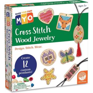 MindWare Make Your Own Cross Stitch – Cute & usable DIY Crafts for Girls & Teens – Make 12 Wooden Pendants – 29 pcs(Cross-Stitch Jewelry)