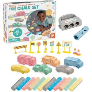 MindWare Oh So Fun Cars and Trucks Sidewalk Chalk Set, Vehicle Shaped Chalk with Road Signs and Holders for Outdoor Creative Play, 29 Piece Chalk Activity Set for Kids Ages 3+, Gift for Toddlers